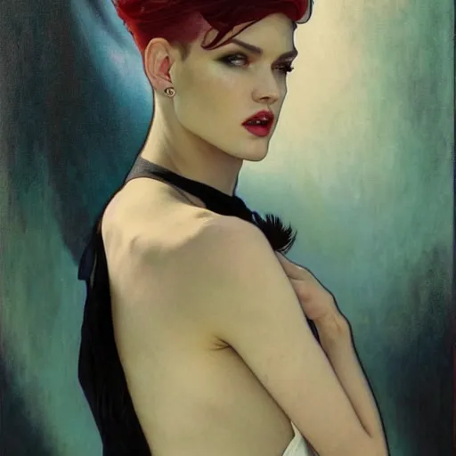 Image similar to beautiful portrait of androgynous ruby rose as desire from sandman in a white tuxedo!!!, rockabilly style,, by alphonse mucha, by jeremy mann, by peter lindbergh, dave mckean, by frank moth, white suit and black tie, soft lightning, high detailed, 8 k