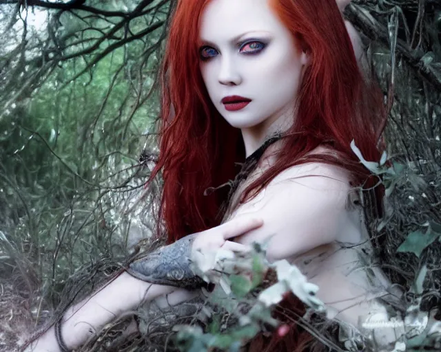 Image similar to award winning 5 5 mm close up face portrait photo of an anesthetic and beautiful redhead vampire lady who looks directly at the camera with bloodred wavy hair, intricate eyes that look like gems and long sharp fangs, in a park by luis royo. rule of thirds.