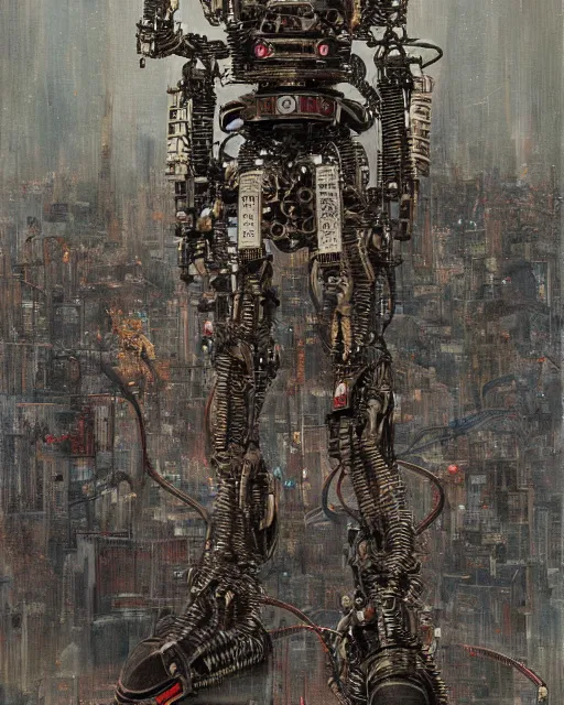 Prompt: Kuniyoshi portrait of a robot saint made of cables and robotic pod by greg rutkowski