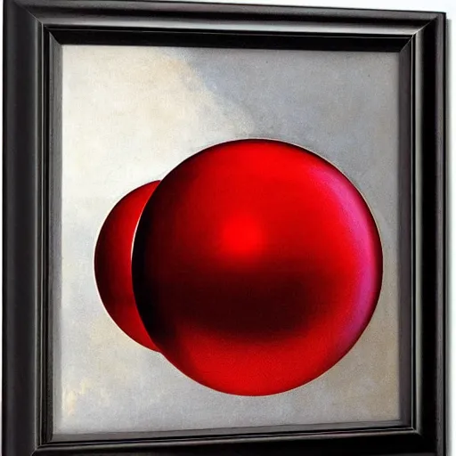 Prompt: chrome spheres on a red cube by robert s duncanson