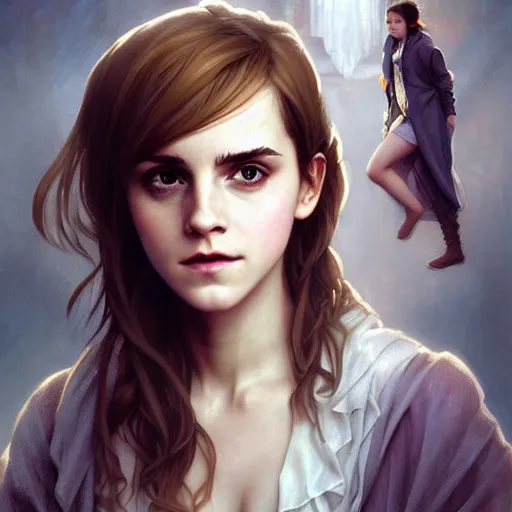 Prompt: emma watson in harry potter setting holding a mirror, looking in the mirror, defined facial features, symmetrical facial features. by ruan jia and artgerm and range murata and krenz cushart and william adolphe bouguereau, key art, fantasy illustration, award winning, intricate detail realism hdr