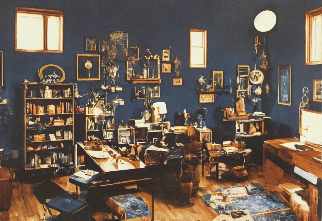 Prompt: 1970s color interior magazine photo of a witchy office with dark blue walls, with candles on shelves, wooden walls with framed occult art with esoteric symbols, with natural dappled light coming in through a circular window, in an attic