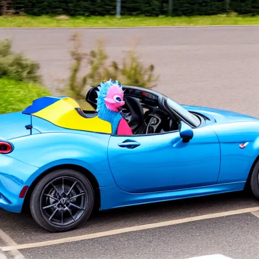 Prompt: an mx5 car in union jack livery being driven by marge Simpson-n 9