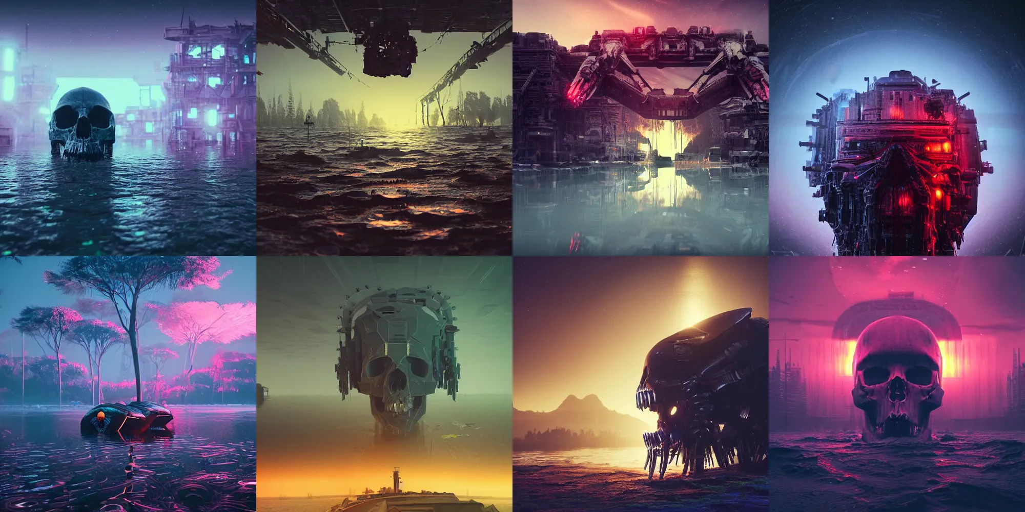 Image similar to beautiful dark bloody flooded landscape, giant robot human skull gears, in the style of beeple and Mike Winkelmann, photo real, ultra realistic, intricate, epic lighting, 8k resolution, unreal engine 5, ultraviolet colors,