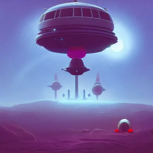 Prompt: “A spaceship hovering above a strange alien planet by Simon Stalenhag, 8k, highly detailed, trending on artstation”