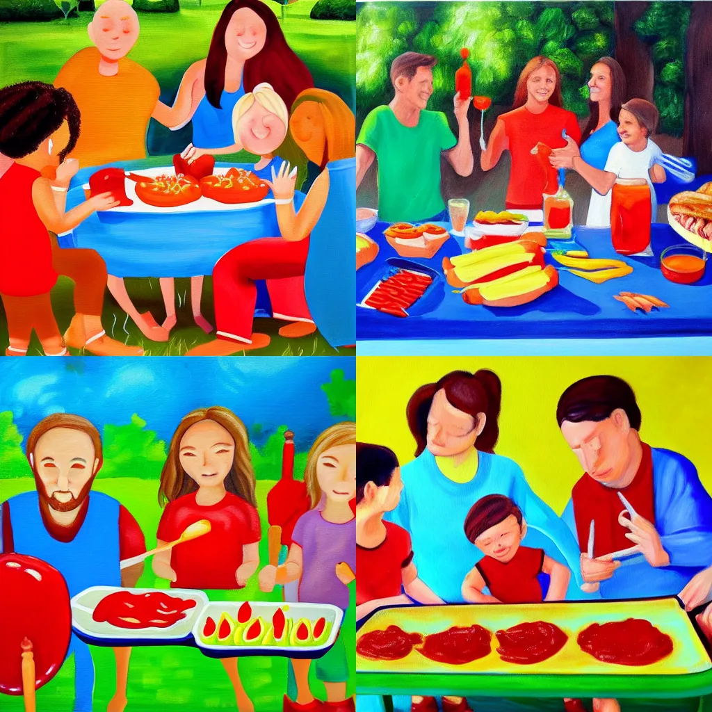 Prompt: a painting of a family BBQ, made using ketchup, bright colors, smoothed, upscaled, 4k