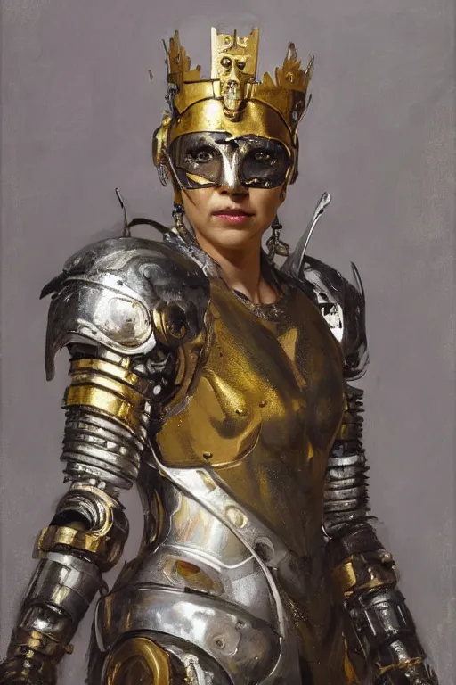 Image similar to beautiful expressive oil painting portrait of ancient cyborg god queen, silver armor, with a scratched gold skull mask ascending wearing a neo japan crown, art by anders zorn, wonderful masterpiece by greg rutkowski, beautiful cinematic light, american romanticism by greg manchess, jessica rossier