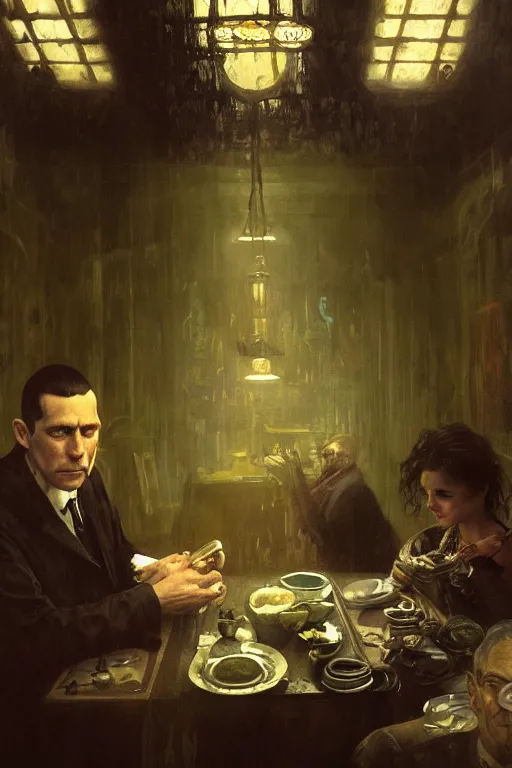 Image similar to , h p lovecraft eating soup at the victorian dining room hyperrealistic portrait, bladerunner street, art of elysium by jeremy mann and alphonse mucha and greg rutkowski, fantasy art, photo realistic, dynamic lighting, artstation, poster, volumetric lighting, very detailed face, 4 k, award winning