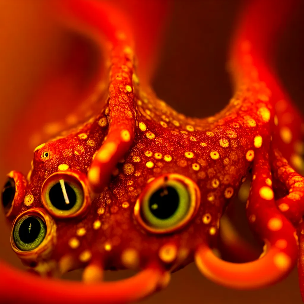 Image similar to fiery whimsical emotional eyes cephalopod, in a photorealistic macro photograph with shallow dof