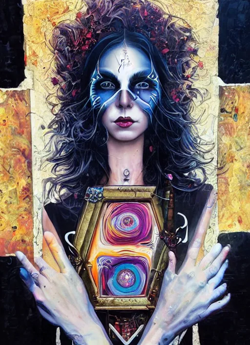 Image similar to gorgeous magic cult psychic woman smiling, third eye, subjective consciousness psychedelic, epic surrealism expressionism symbolism, story telling, iconic, dark robed, oil painting, symmetrical face, dark myth mythos, by Sandra Chevrier, Peter Kemp masterpiece