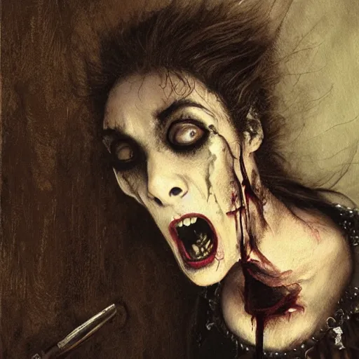 Prompt: a realistic painting of a beutiful female victorian vampire screaming by Santiago Caruso, H 1024 W 1024