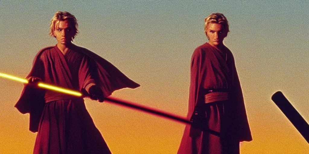 Image similar to !dream A full color still of a teenage blonde Jedi padawan holding the HILT of a lightsaber, looking scared, at golden hour!, from The Phantom Menace, directed by Steven Spielberg, 35mm!!! 1990