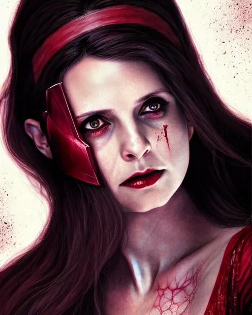 Prompt: Scarlet witch Sarah Michelle Gellar, black magic, realistic character concept, full body, scary pose, comic book, illustration, slender symmetrical face and body, cinematic lighting, high resolution, Charlie Bowater, Norman Rockwell, symmetrical eyes, single face, insanely detailed and intricate, beautiful