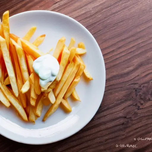 Prompt: the most delicious portion of french fries with mayo on the side, on a wooden table, close - up, photography