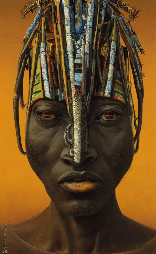 Image similar to portrait of african tribal chief wearing mecha head gear, symmetrical, dramatic lighting, art by zdzislaw beksinski,