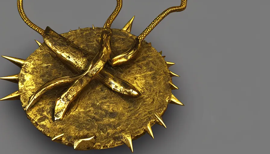 Image similar to viking amulet made from gold, spikes, photorealistic render