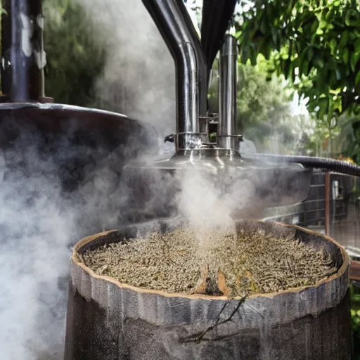 Image similar to a ceramic still distilling eucalyptus into a liquid