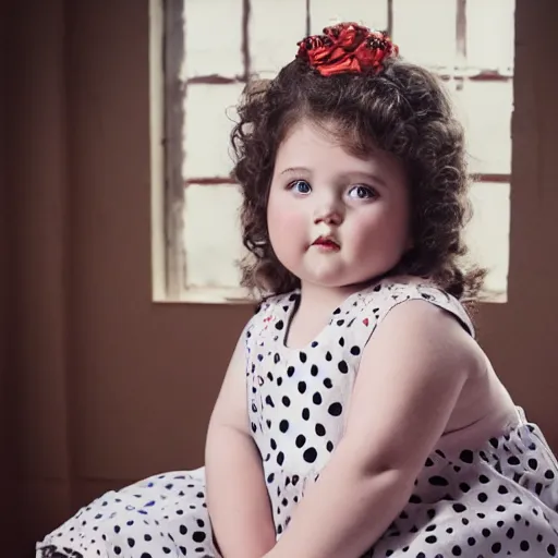 Image similar to charming and chubby girl, wearing a polka dot dress and a victorian - style hairdo on her head, sits in the large and bright studio. sunlight enters through the barred window. very realistic shiny skin. subsurface scattering shiny skin. beautiful lighting, 4 k post - processing, highly detailed, 5 k extremely detailed, 3 d. cinematic scene.