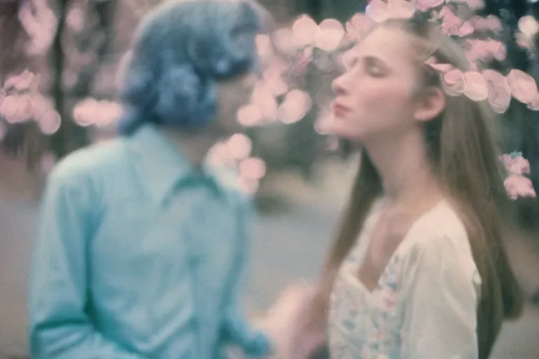 Prompt: film photography, 35mm, 1970s, love and romantic in blue pink colors, feeling of young and freedom