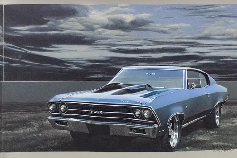 Image similar to intricate, 3 d, 1 9 6 7 chevelle, style by caspar david friedrich and wayne barlowe and ted nasmith.