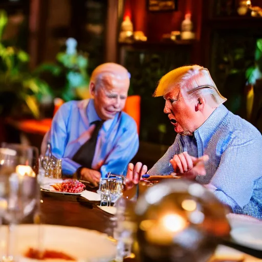 Image similar to Trump and Biden having dinner at a fancy Balinese restaurant, award winning photography, 85mm, perfect faces