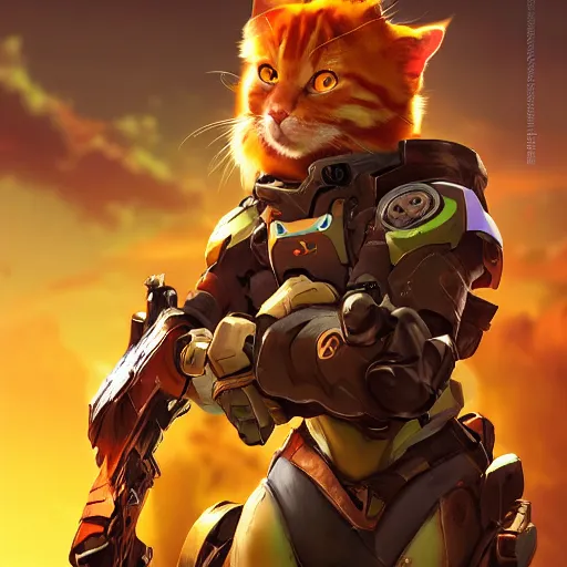 Image similar to ginger cat as overwatch character, digital illustration portrait design, by android jones and greg rutkowski, retrowave color scheme, detailed, cinematic lighting, wide angle action dynamic portrait