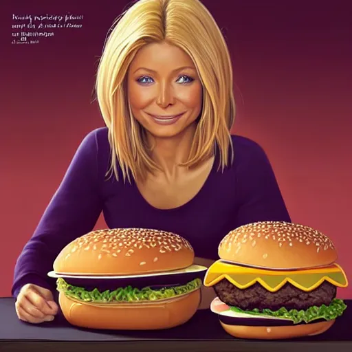 Prompt: portrait of Kelly Ripa eating massive hamburgers, extra onions and ketchup, luscious patty with sesame seeds, feminine ethereal, delicate fingers, subsurface scattering skin, handsome, D&D, fantasy, intricate, elegant, highly detailed, digital painting, artstation, concept art, matte, sharp focus, illustration, art by Artgerm and Greg Rutkowski and Alphonse Mucha