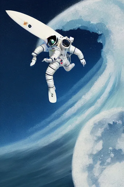 Image similar to a beautiful digital painting of an astronaut in a white space suit surfing the great wave on a surfboard by greg rutkowski, photorealistic, trending on artstation, octane render