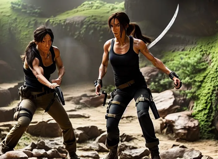 Image similar to film still of!!!! jackie chan jackie chan jackie chan!!! as lara croft in new tomb raider movie, 8 k