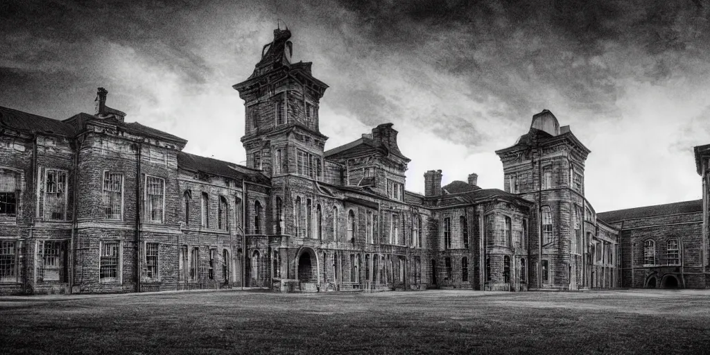 Image similar to Lunatic Asylum, exterior, majestic, detailed, epic scenery, dark fantasy, ominous, eerie