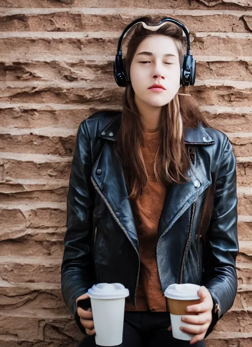 Prompt: young adult woman in a coffee shop wearing headphones and a leather jacket looking unamused, natural light, magazine photo, 5 0 mm lens