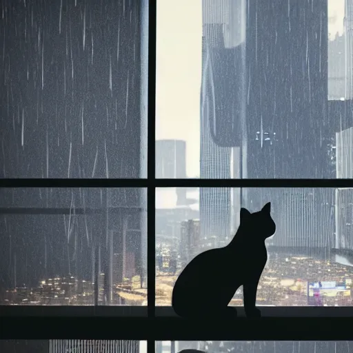 Prompt: A cat sitting on a Windows watching the view of a cyberpunk city, 24mm, 8k, octane render, beautiful, peaceful, cyberpunk, moody, raining, rain, super detailed, dof, volumetric lighting, rtx, raytracing, cyberpunk 2077