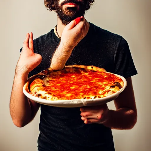 Image similar to Young Italian man with curly hair, moustache and a short beard covered in pizza sauce. Sigma 85mm f_1.4, 4k, portrait photography