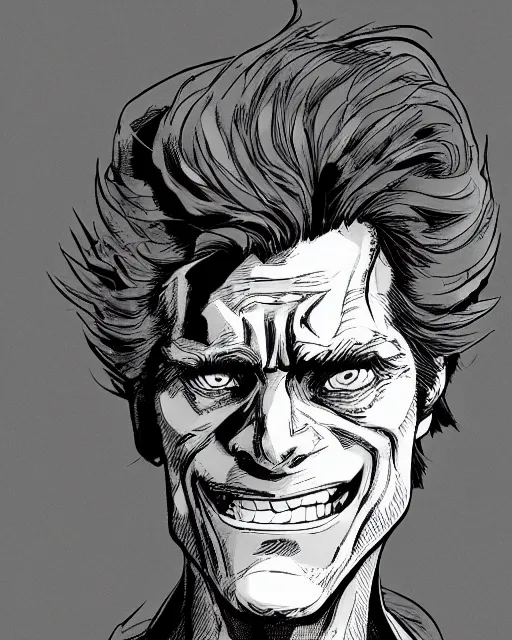 Prompt: Digital color ink drawing of Willem Dafoe from JoJo\'s Bizzare Adventure, highly detailed, sharp focus, screentone shading, 1990 manga panel, trending on ArtStation, manga cover art drawn by Hirohiko Araki