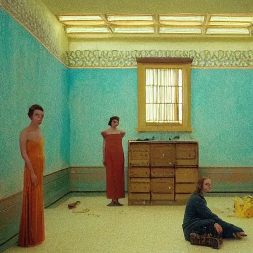 Prompt: a beautiful shiny girl in an soviet golden liminal abandoned room, film still by wes anderson, depicted by balthus, limited color palette, very intricate, art nouveau, highly detailed, lights by hopper, soft pastel colors
