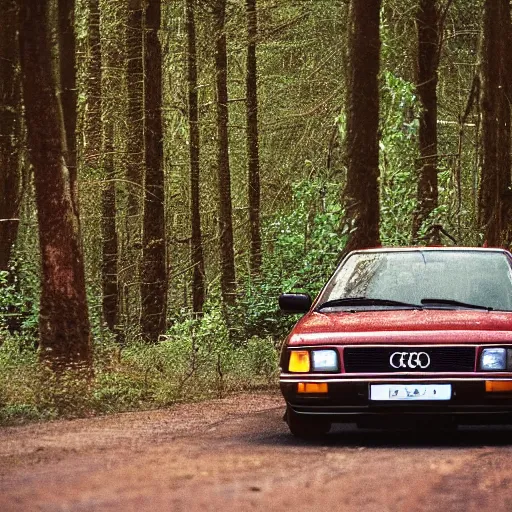 Prompt: stained old picture of an Audi 80 B4 driving in the forest at daytime, photography, framed