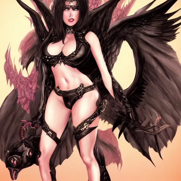 Image similar to portrait of a succubus with big wings and cleavage, in black leather pants, D&D, fantasy, highly detailed, digital art, artstation, smooth, sharp focus, illustration, art by artgem