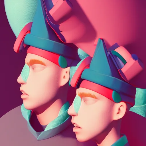 Image similar to bingo bango abstract headpiece on a set of twin ninja hypebeasts, by ilya kuvshinov and james jean and hiroya oku and gilleard james, artstation trending, 8 k, 3 d render, photorealistic, volumetric lighting caustics, pink