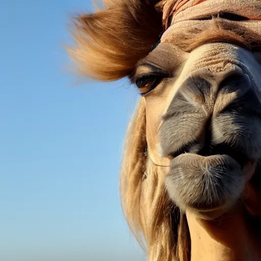 Image similar to close up shot of billie eilish riding a camel