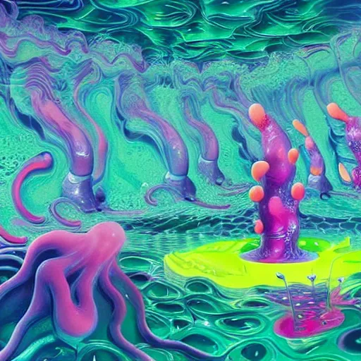 Image similar to jelly rococo gel seaslugs leaking plasma and colorful auras, liquid, drippy, splashing, scifi 3 d paint spray by beeple, rob gonsalves, jeff koons, jacek yerka, m. c. escher. sea slug