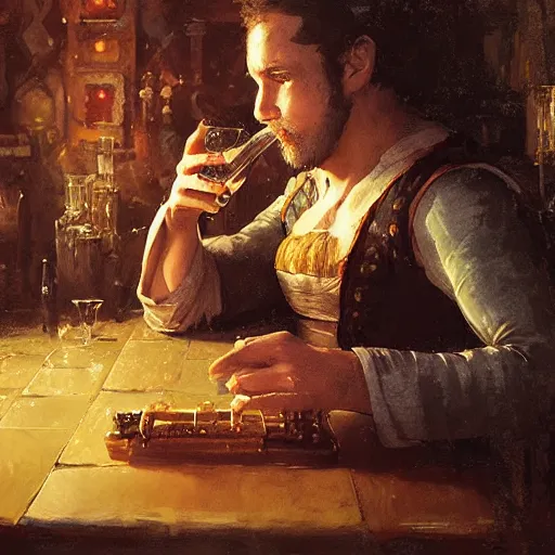 Image similar to 'portrait of a bard drinking in a tavern, art by Greg Rutkowski, 4k'