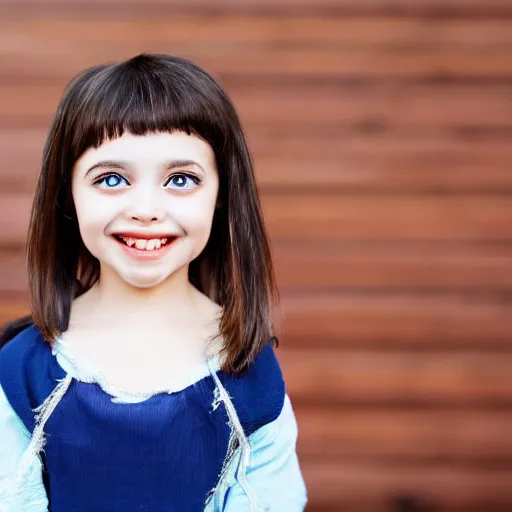 Image similar to a young girl with big eyes smiling for the camera