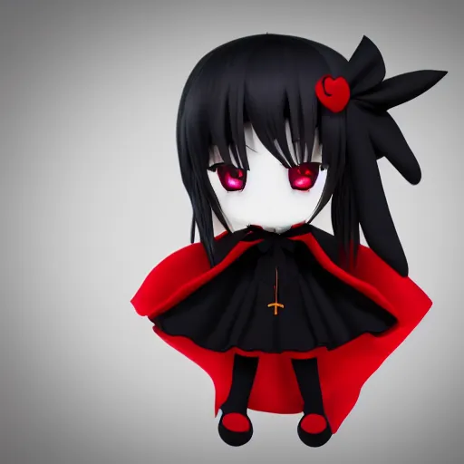 Prompt: cute fumo plush of a gothic maiden in a dark black uniform with a red cape, laces and ribbons, soft shadow, anime girl, vray, symmetry