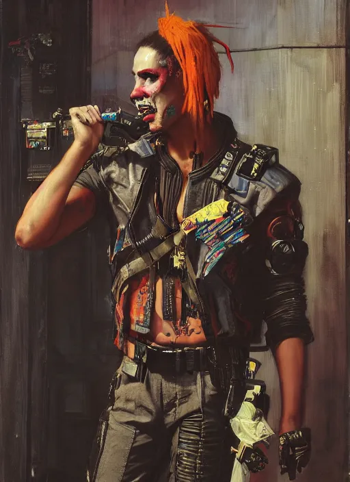 Image similar to crazy eddie. cyberpunk clown wearing a military vest and combat gear. (Cyberpunk 2077, bladerunner 2049). Iranian orientalist portrait by john william waterhouse and Edwin Longsden Long and Theodore Ralli and Nasreddine Dinet, oil on canvas. Cinematic, hyper realism, realistic proportions, dramatic lighting, high detail 4k