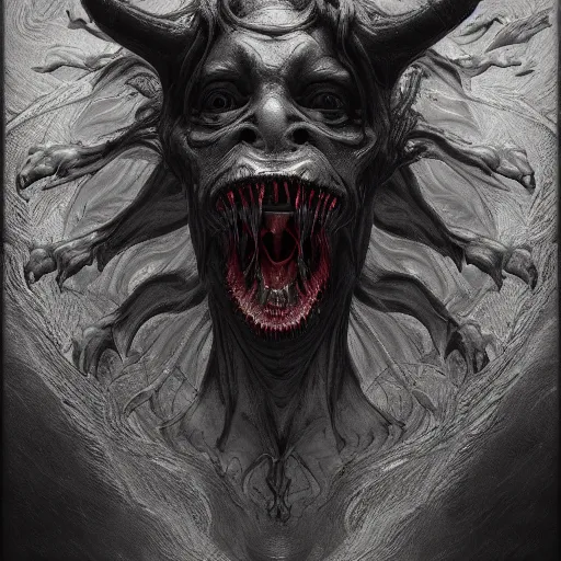 Image similar to photorealistic demonic beast of the afterlife in the style of gustave dore and michael whelan. hyperdetailed photorealism, 1 0 8 megapixels, amazing depth, high resolution, 3 d shading, 3 d finalrender, 3 d cinematic lighting, glowing rich colors, psychedelic overtones, artstation concept art.