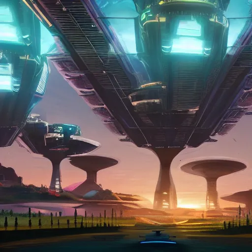 Prompt: Beautiful Landscape view of a solarpunk city in the year 2357, a massive and jaw-dropping alien spaceship in the sky is sending out drones to serve cocktails, ready player one, crowd of people nearby, The Jetsons, MidJourney, 4k, cinematic lighting, cinematic composition