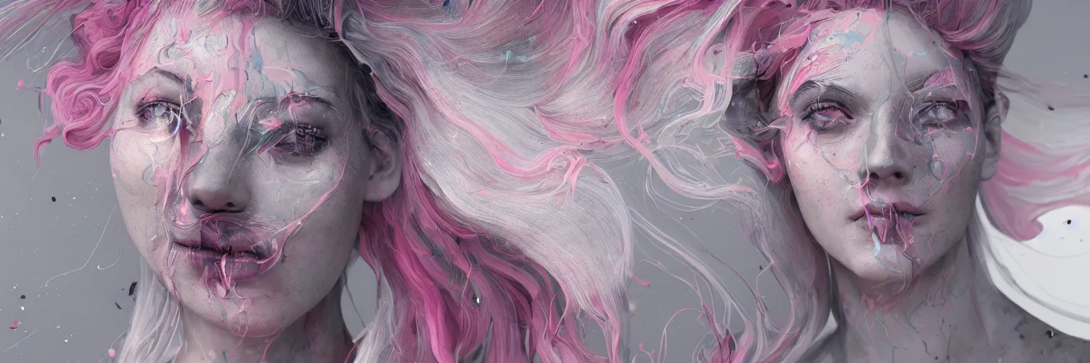Image similar to The face of a very beautiful goddess with pink and grey hair radiating an artwork made from layers of technical drawings and architectural plans, and swirling paint pours by James Jean and Ross Tran and WLOP , hyperrealism, subsurface scattering, octane render, bokeh, 8k, xparticles