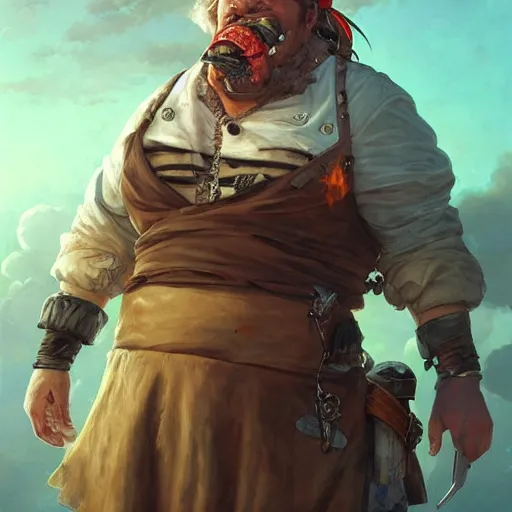 Image similar to post apocalyptic fat pirate chef, highly detailed, digital painting, artstation, concept art, smooth, sharp focus, illustration, ArtStation, art by artgerm and greg rutkowski and Hikari Shimoda and Edmund Blair Leighton and Charlie Bowater