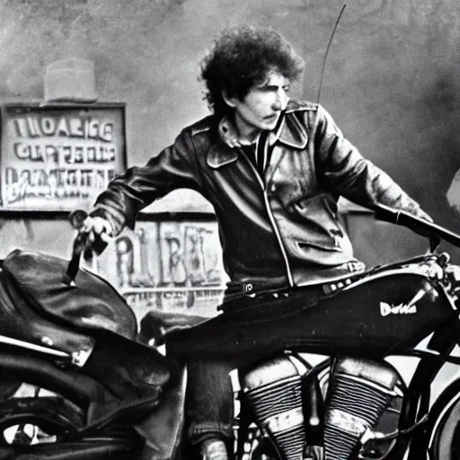 Prompt: bob dylan riding his motorcycle playing with his guitar in the fullham football club stadium, 4 k, high detail