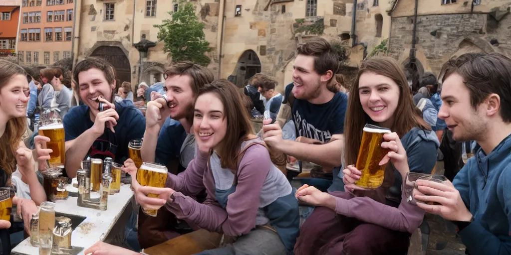 Prompt: students drinking beer in Bamberg, photograph